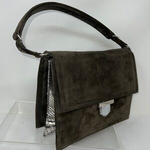 Vintage Olive Gray Suede and Silver Python Snakeskin Shoulder Bag